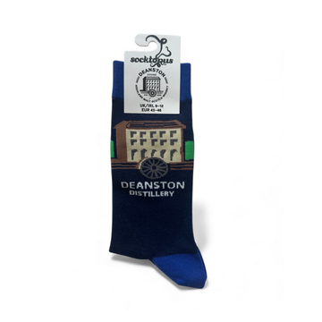 Navy sock with Deanston Distillery design on a white background