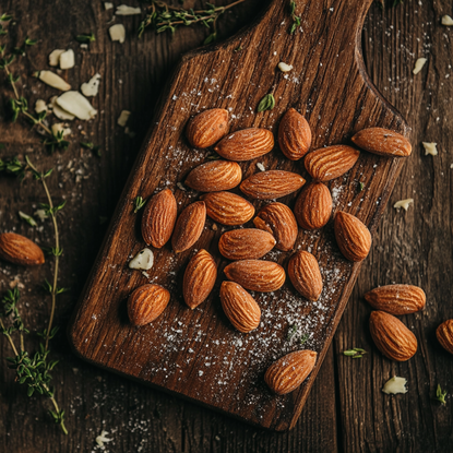 A wooden cutting board with almonds dusted with herbs.