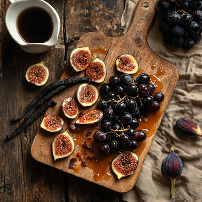 A wooden cutting board with sun dried grapes, figs and vanilla, all drizzled with caramel.