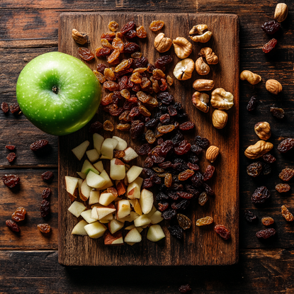 A wooden cutting board with toffee, raisins, dried fruits, crisp green apple and roasted nuts.