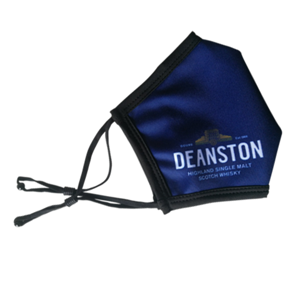 Blue face mask featuring the Deanston Distillery logo on the side