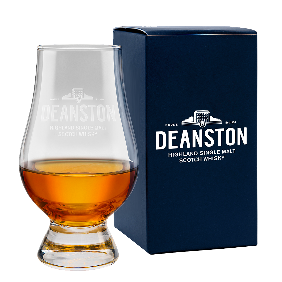 Glencairn whisky glass with the Deanston logo and gift box