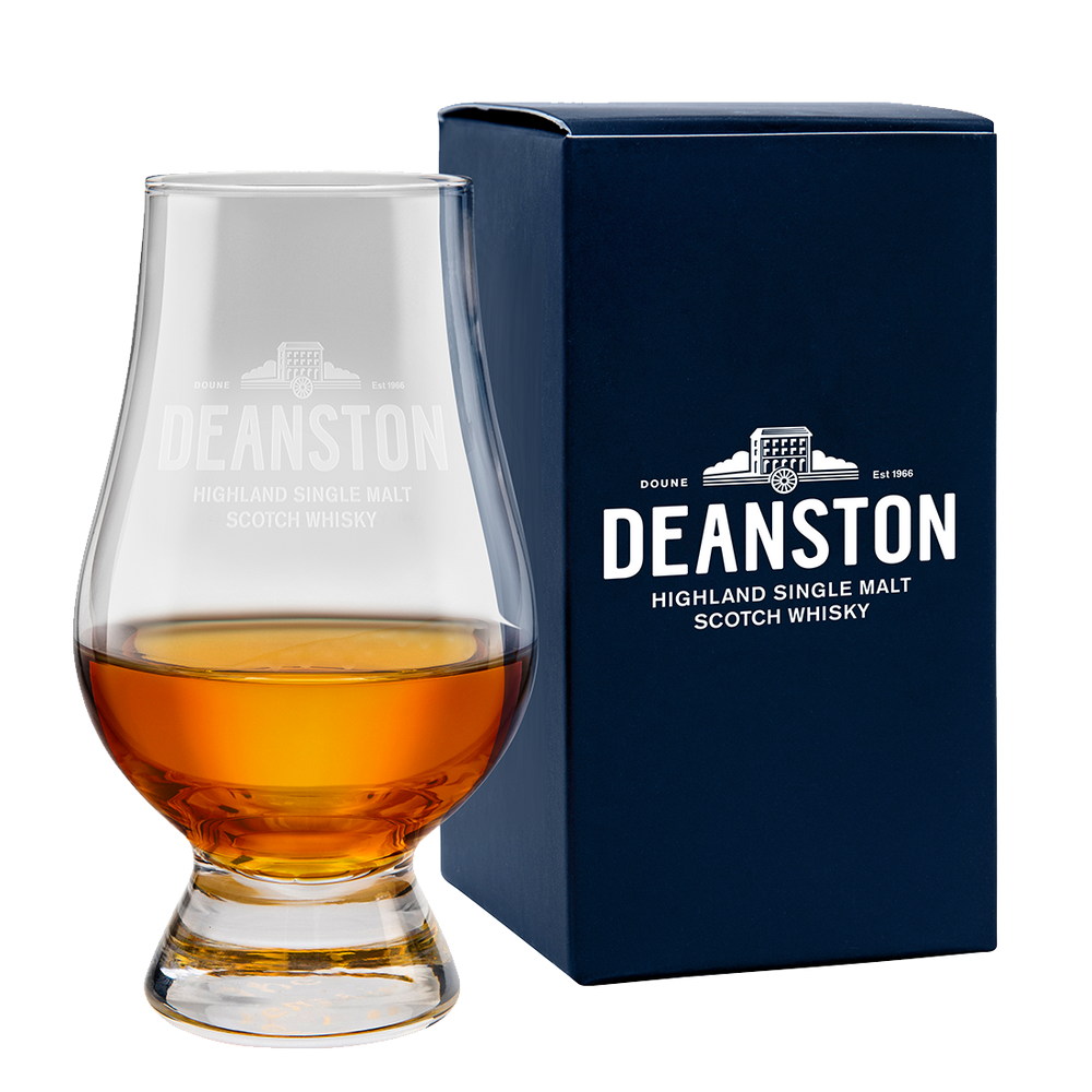 Glencairn whisky glass with the Deanston logo and gift box
