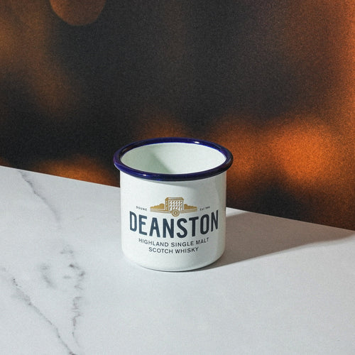 White enamel maritime mug with a black rim featuring the Deanston Distillery logo on the front