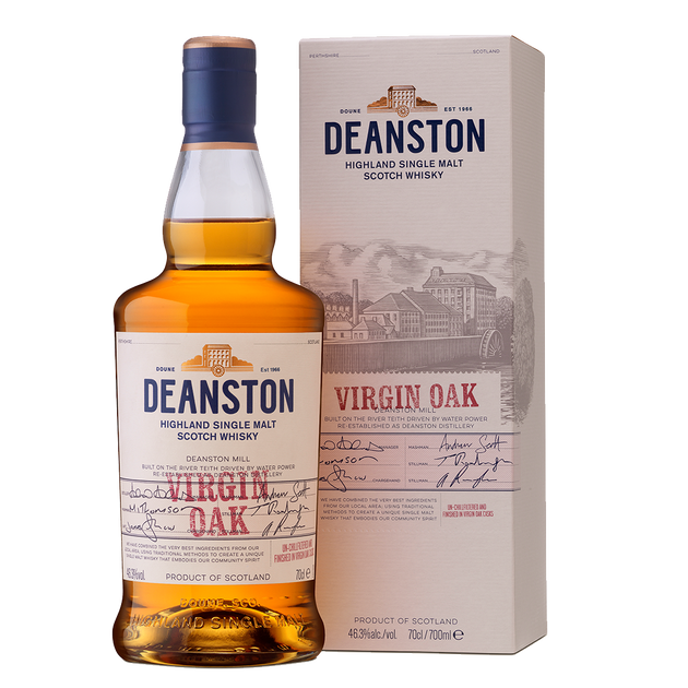 Deanston virgin oak whisky in a bottle and box